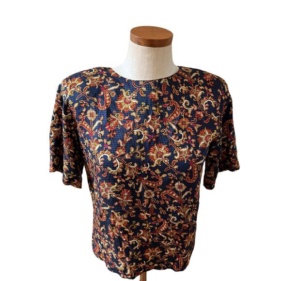 Vintage 80s Anne Klein Silk print short sleeve top Navy Blue 4 - Picture 2 of 6